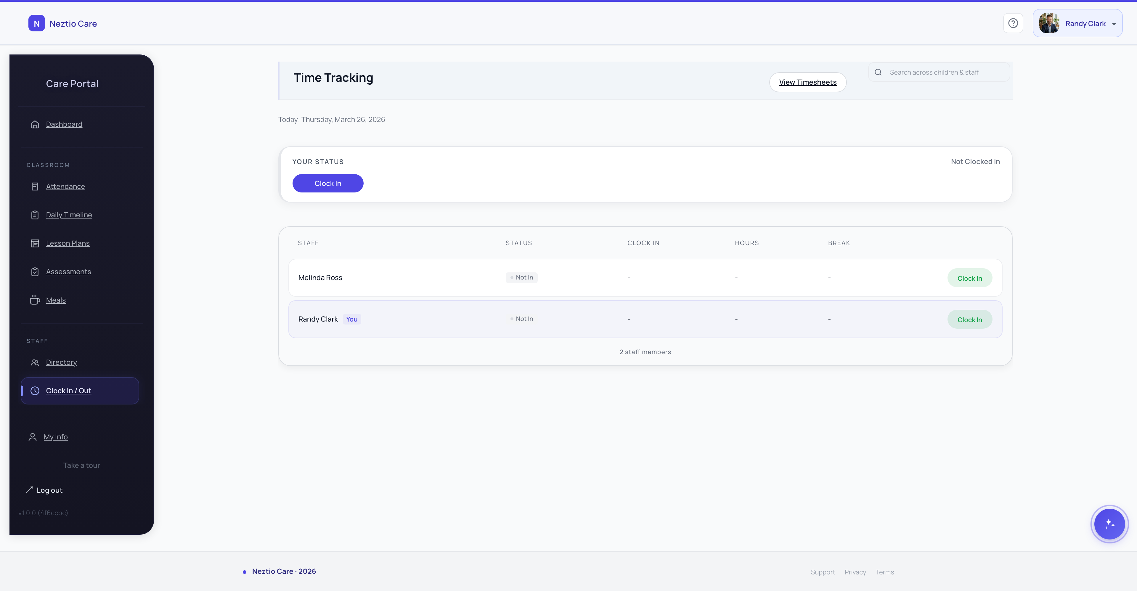 Neztio staff time tracking with clock in/out, timesheets, and payroll export
